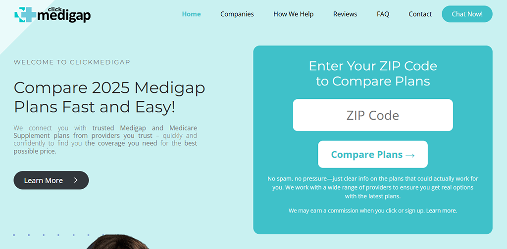 ClickMedigap homepage with plan comparison form and introduction section highlighting 2025 Medigap plans.