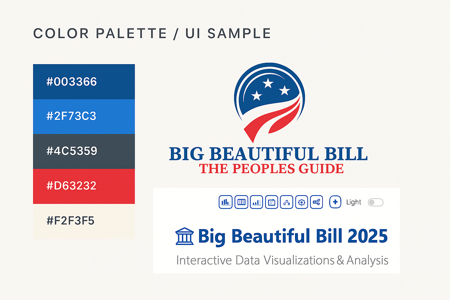 Color palette and UI sample for Big Beautiful Bill 2025, featuring brand colors and interface design elements.