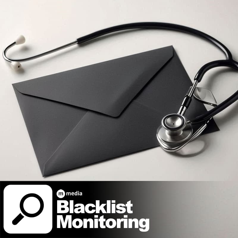 Black envelope and stethoscope on a light background representing blacklist monitoring