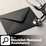 Black envelope and stethoscope on a light background representing blacklist removal assistance
