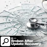 Cracked glass and stethoscope on a white background representing broken after update recovery