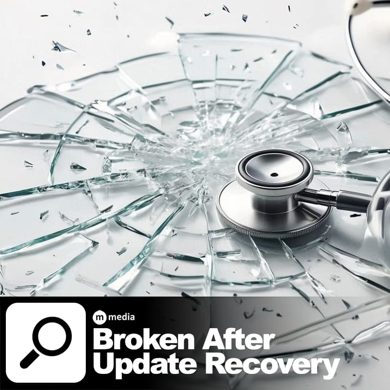 Cracked glass and stethoscope on a white background representing broken after update recovery