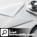 White envelope and stethoscope on a clean white background representing email deliverability audit