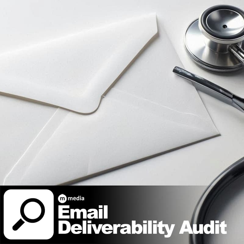 White envelope and stethoscope on a clean white background representing email deliverability audit