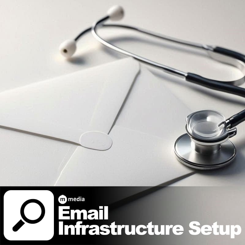White envelope and stethoscope on a clean white background representing email infrastructure setup