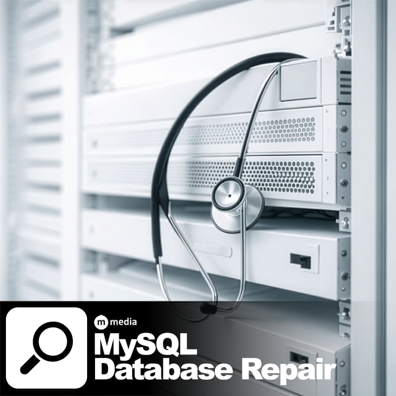 White server rack with stethoscope on a white background representing MySQL database repair