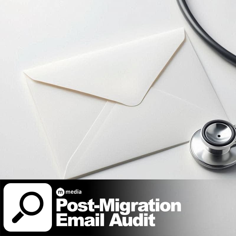 White envelope and stethoscope on a clean white background representing post-migration email audit