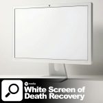 Blank white computer monitor on a white background representing white screen of death recovery