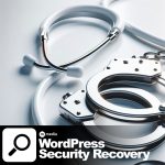 White handcuffs and stethoscope on a clean white background representing WordPress security recovery